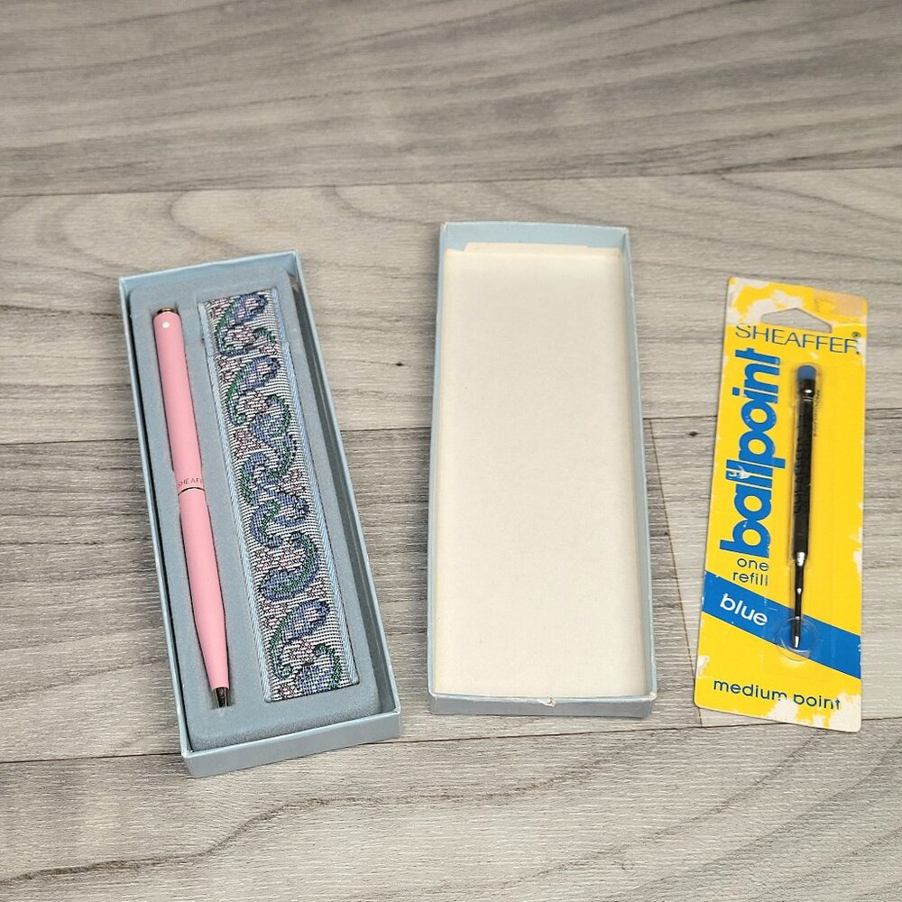 Vintage SHEAFFER Ball Point Pen PINK Pen w/ Paisley Fabric Case w/Refill